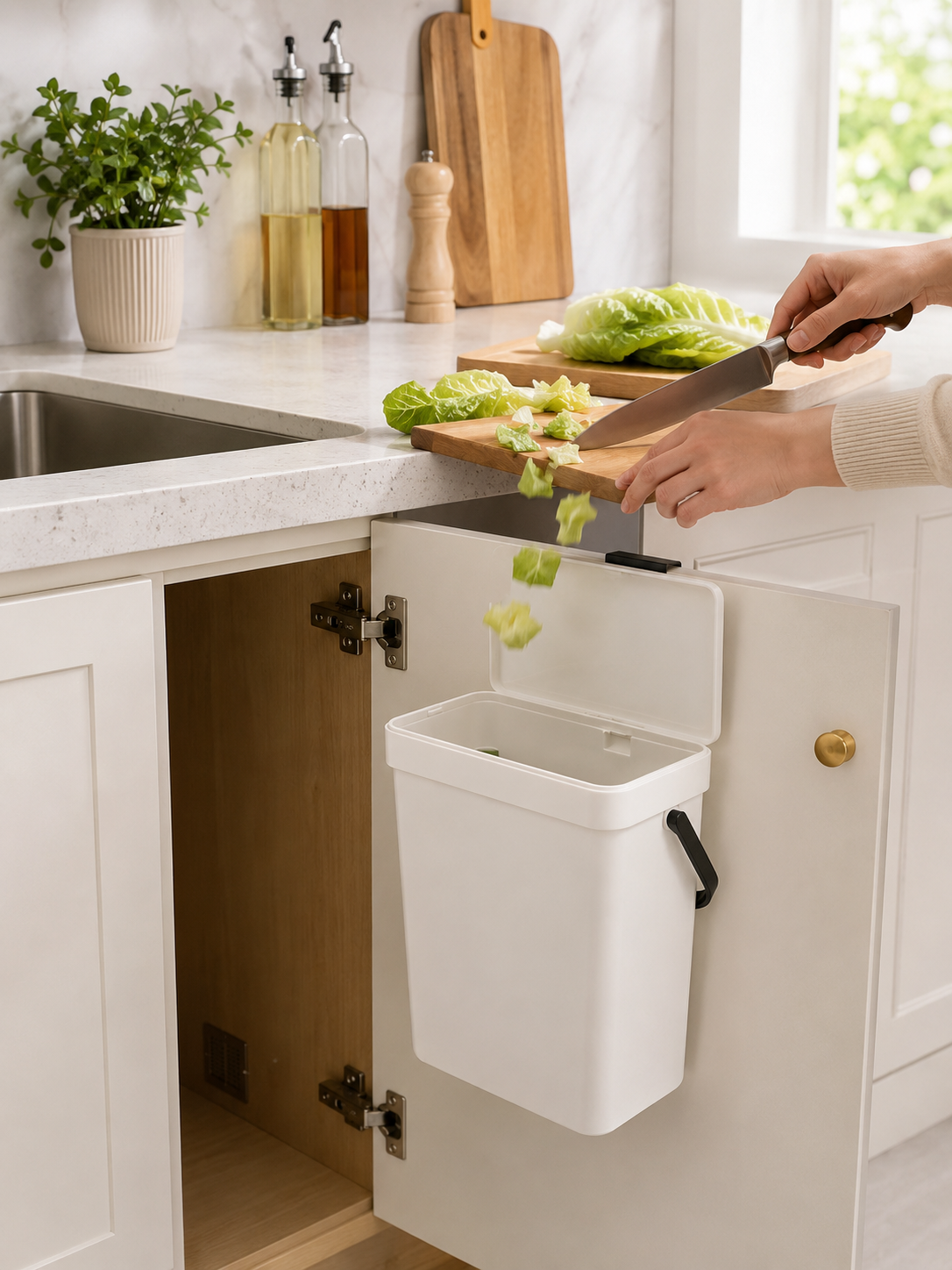 3L Hanging Kitchen Trash Can with Lid – Under-Sink Cabinet Door Garbage Bin with hanging Hook | Food Waste & Compost | Space-Saving | White