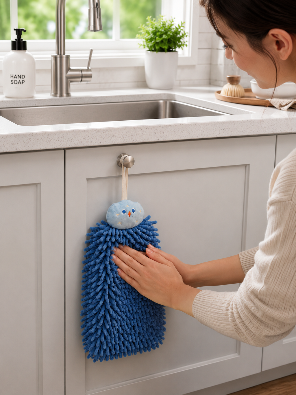 Chenille Hanging Hand Towel – Ultra-Absorbent Quick-Dry Microfiber Towel with Loop | Kitchen & Bathroom | Blue | 1 or 2 Piece