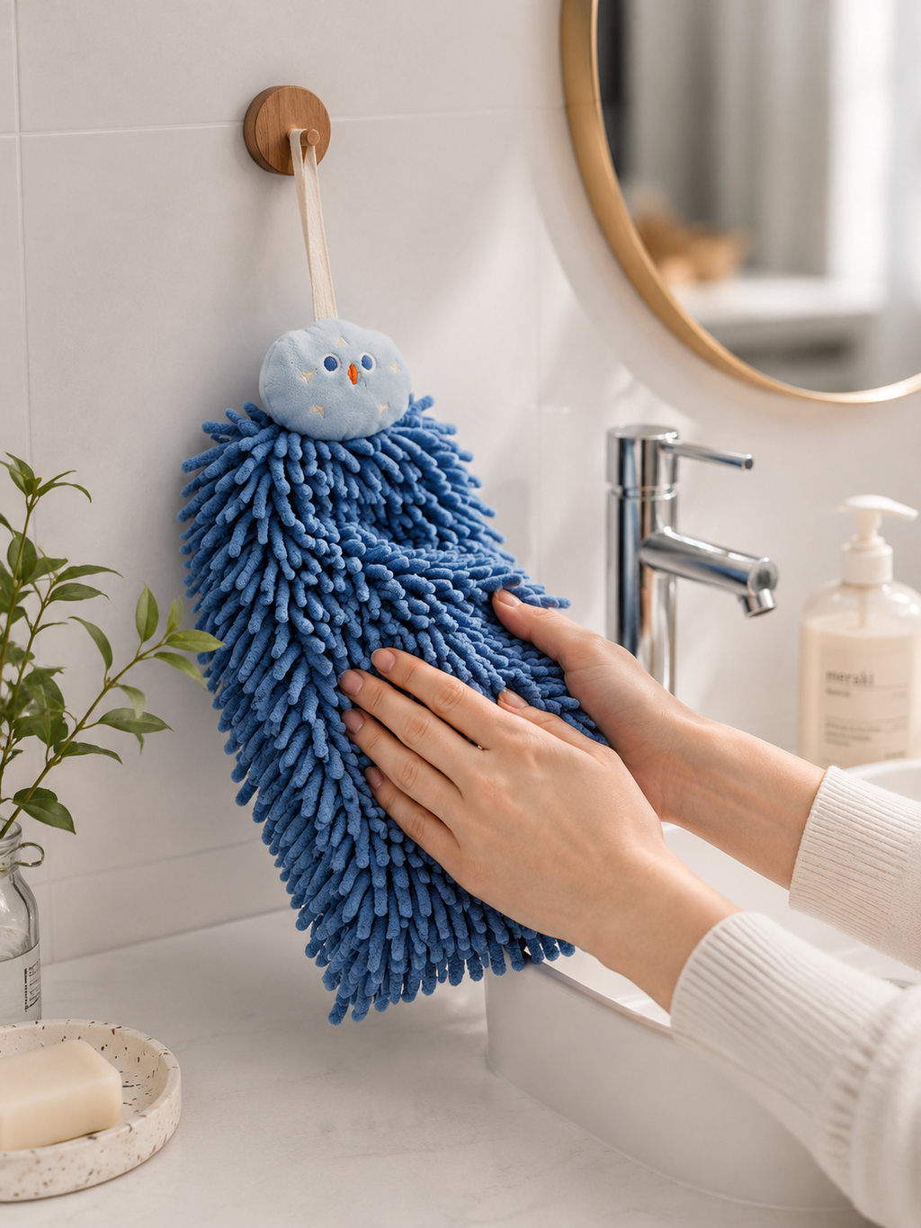 Chenille Hanging Hand Towel – Ultra-Absorbent Quick-Dry Microfiber Towel with Loop | Kitchen & Bathroom | Blue | 1 or 2 Piece