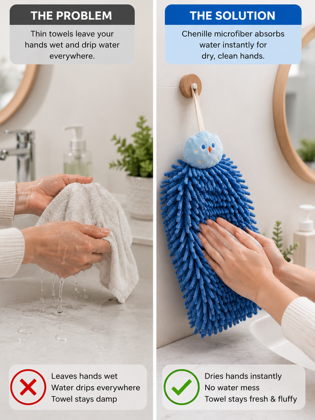 Chenille Hanging Hand Towel – Ultra-Absorbent Quick-Dry Microfiber Towel with Loop | Kitchen & Bathroom | Blue | 1 or 2 Piece