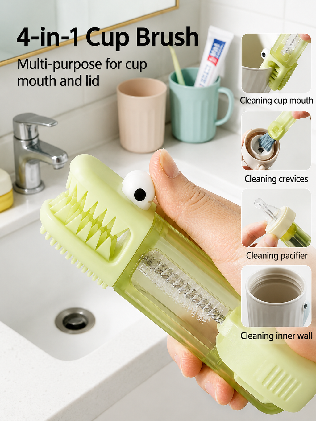 3-in-1 Bottle & Cup Lid Cleaning Brush – Foldable Multi-Purpose Straw & Lid Cleaner | Portable