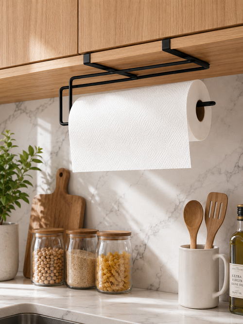 1 or 2 Piece | No Drill Under Cabinet Paper Towel Holder – No-Drill Hanging Kitchen Roll Organizer | Black