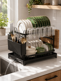 2-Tier Dish Drying Rack with Drainboard – Space-Saving Kitchen Dish Organizer with Utensil and Cups Holder | Black