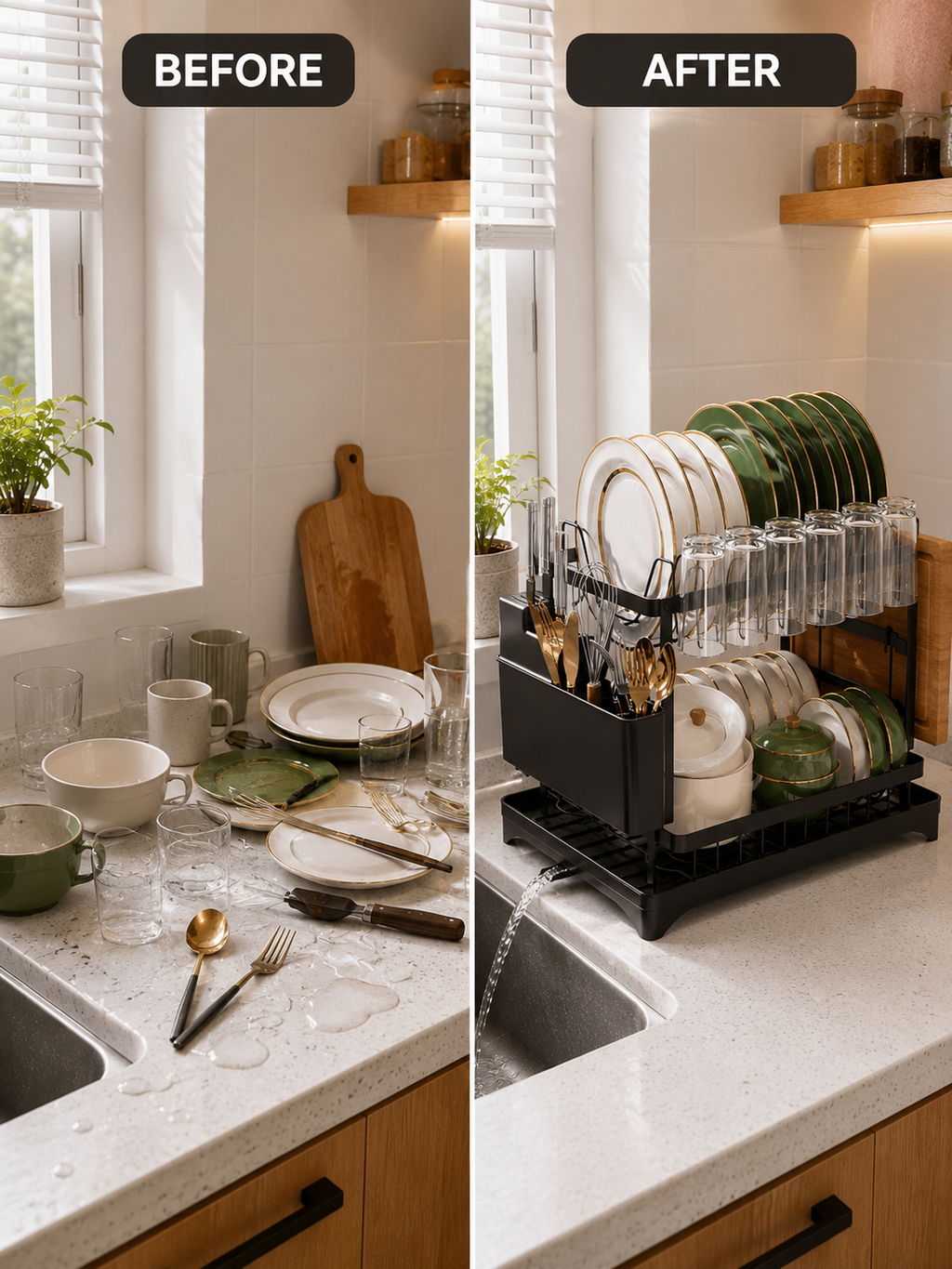 2-Tier Dish Drying Rack with Drainboard – Space-Saving Kitchen Dish Organizer with Utensil and Cups Holder | Black