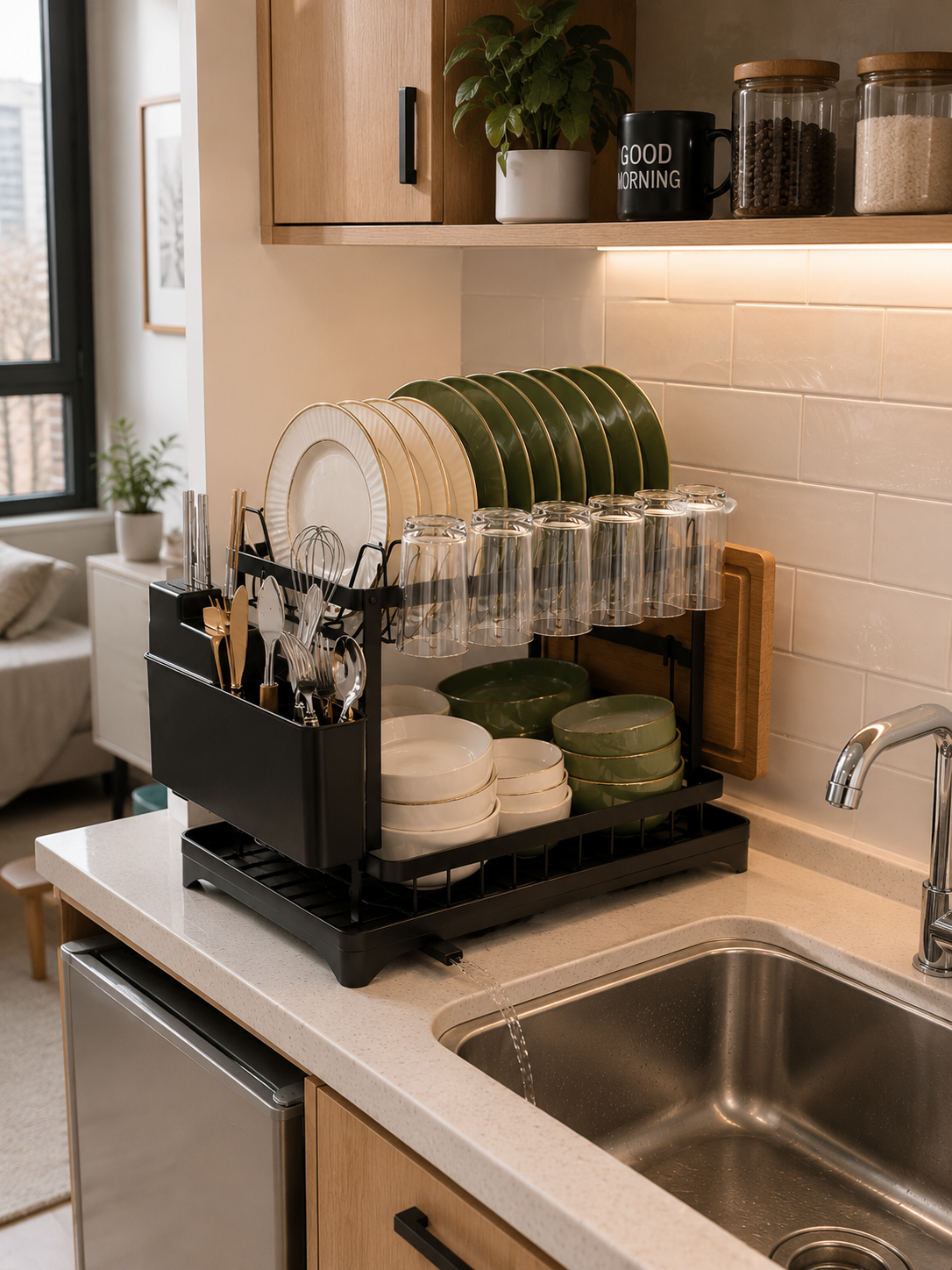 2-Tier Dish Drying Rack with Drainboard – Space-Saving Kitchen Dish Organizer with Utensil and Cups Holder | Black