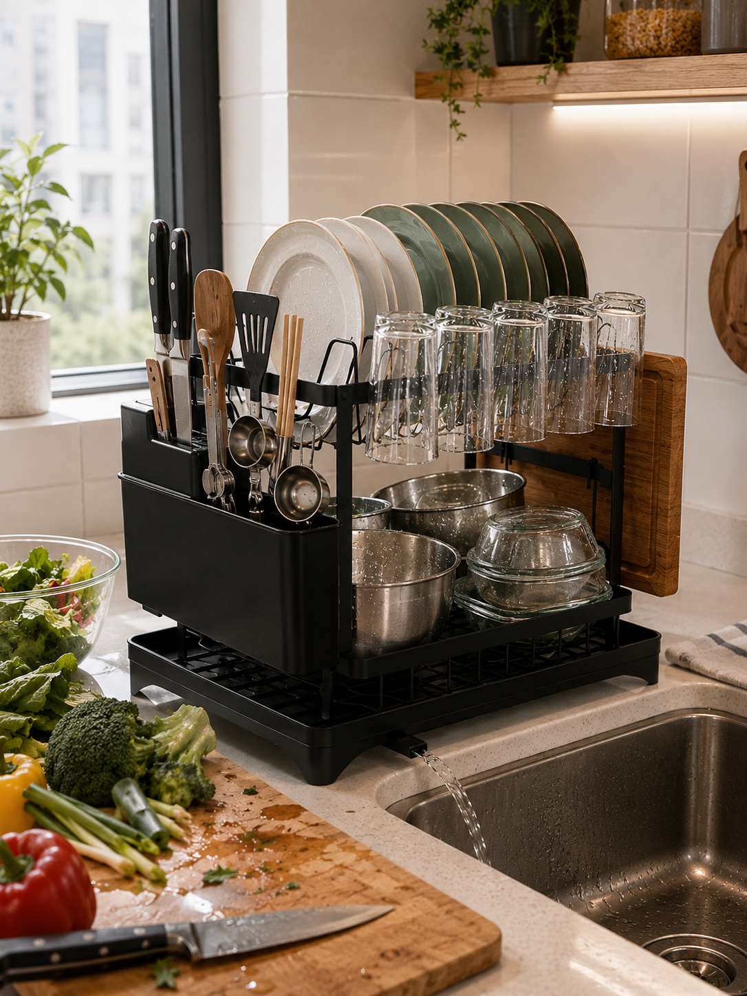 2-Tier Dish Drying Rack with Drainboard – Space-Saving Kitchen Dish Organizer with Utensil and Cups Holder | Black