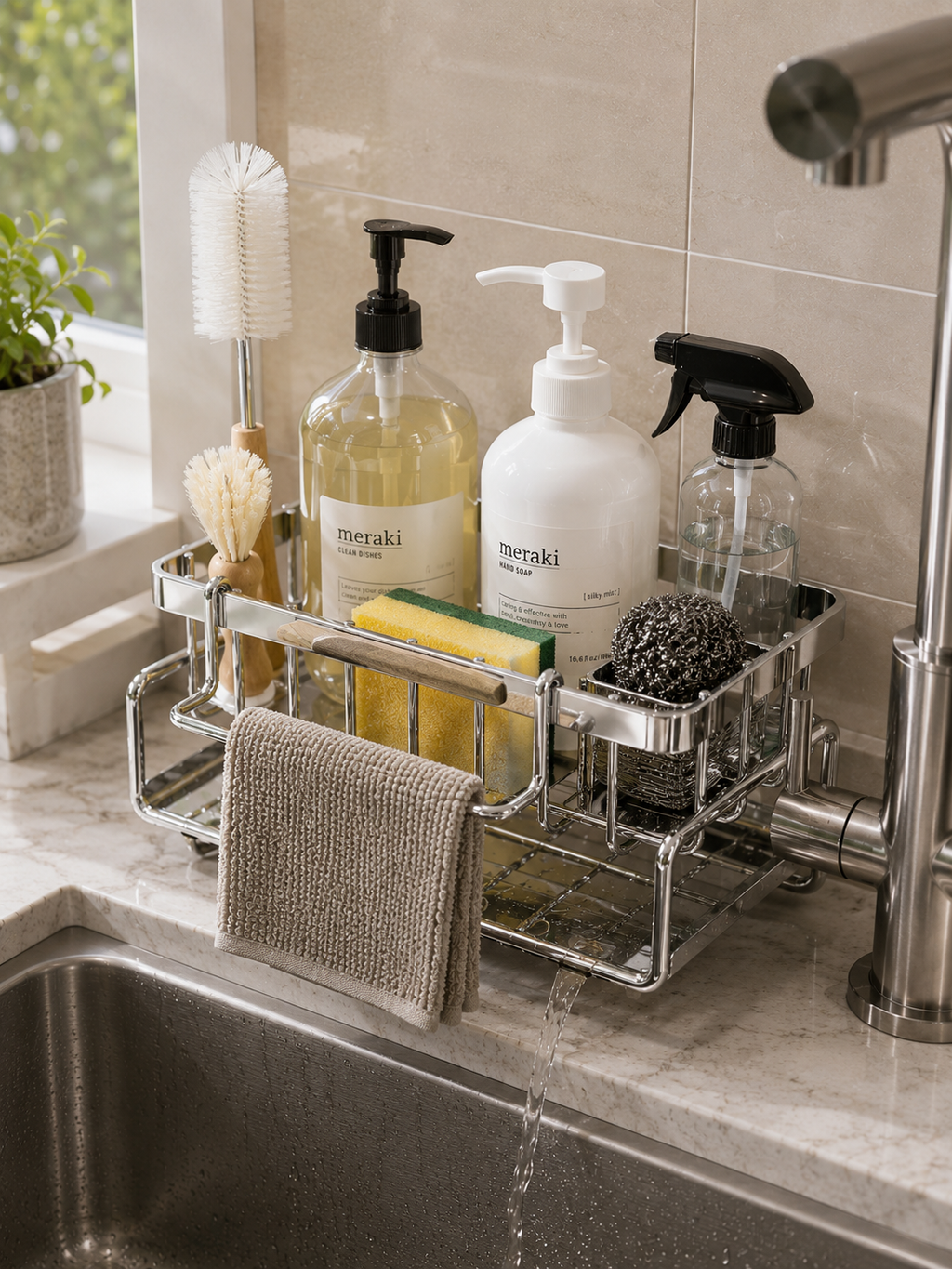 Stainless Steel Over-Sink Kitchen Organizer – Faucet-Mounted Sponge & Soap Holder with Water Drainage Tray | Directs Water to Sink | Metal