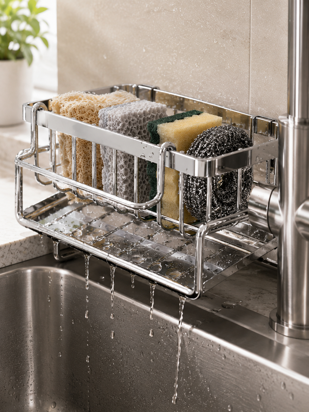 Stainless Steel Over-Sink Kitchen Organizer – Faucet-Mounted Sponge & Soap Holder with Water Drainage Tray | Directs Water to Sink | Metal