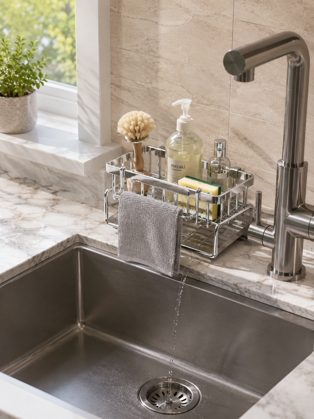 Stainless Steel Over-Sink Kitchen Organizer – Faucet-Mounted Sponge & Soap Holder with Water Drainage Tray | Directs Water to Sink | Metal