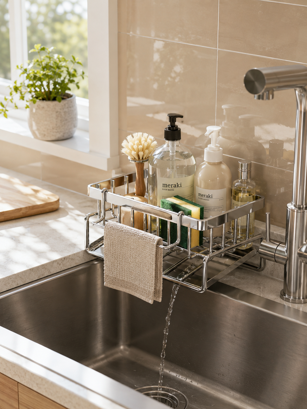 Stainless Steel Over-Sink Kitchen Organizer – Faucet-Mounted Sponge & Soap Holder with Water Drainage Tray | Directs Water to Sink | Metal