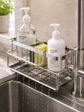 Stainless Steel Over-Sink Kitchen Organizer – Faucet-Mounted Sponge & Soap Holder with Water Drainage Tray | Directs Water to Sink | Metal