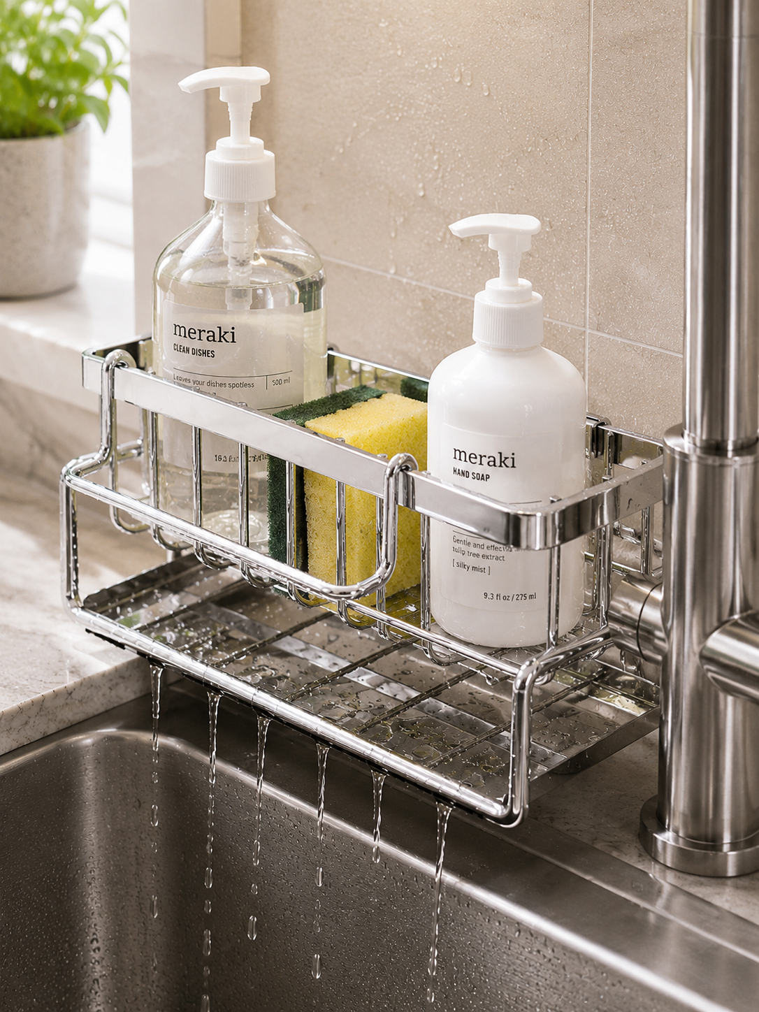 Stainless Steel Over-Sink Kitchen Organizer – Faucet-Mounted Sponge & Soap Holder with Water Drainage Tray | Directs Water to Sink | Metal