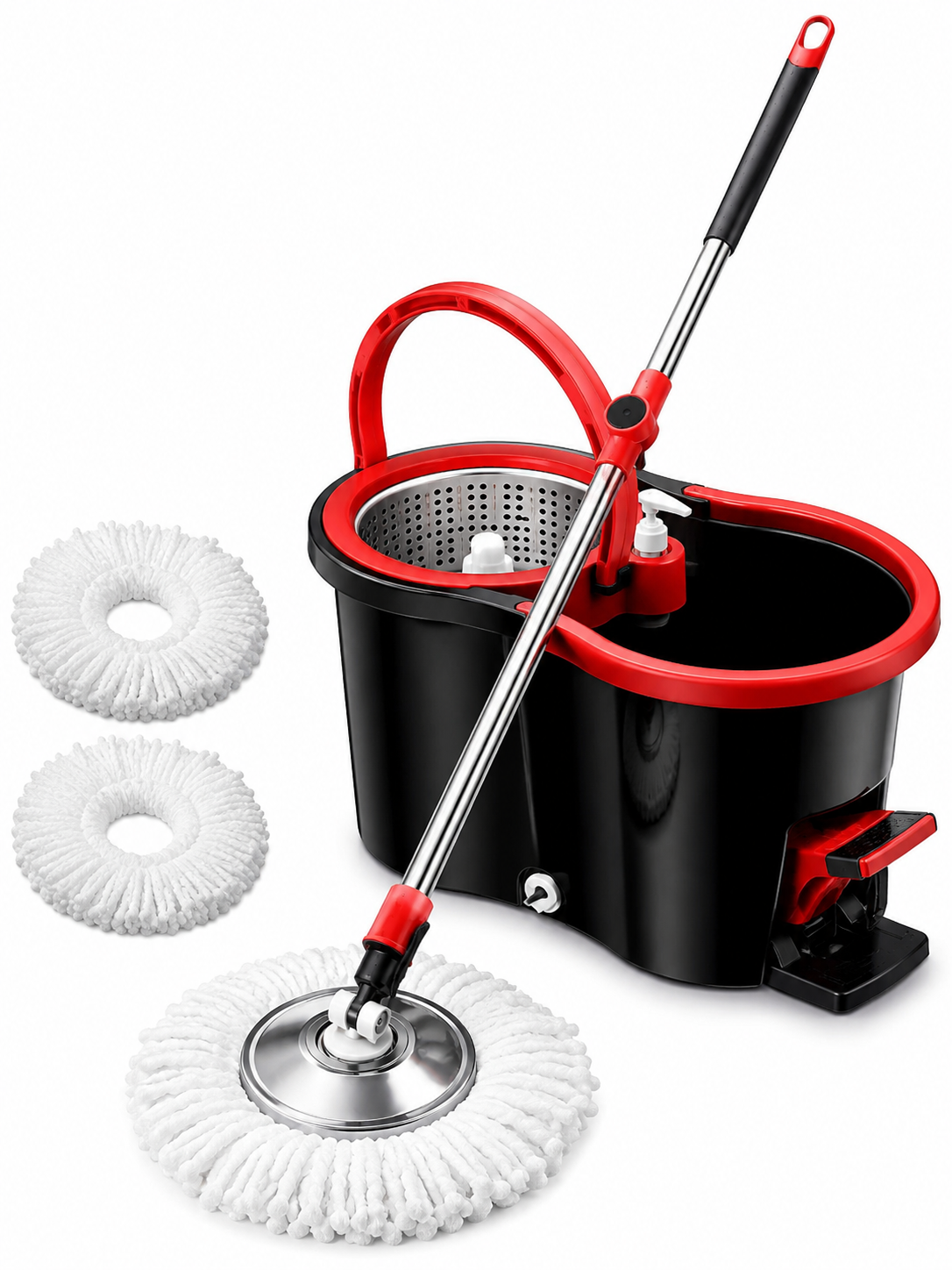 Foot Pedal Spin Mop & Bucket Set – 360° Rotating Self-Cleaning Mop with 2 Replacement Microfiber Heads | Black