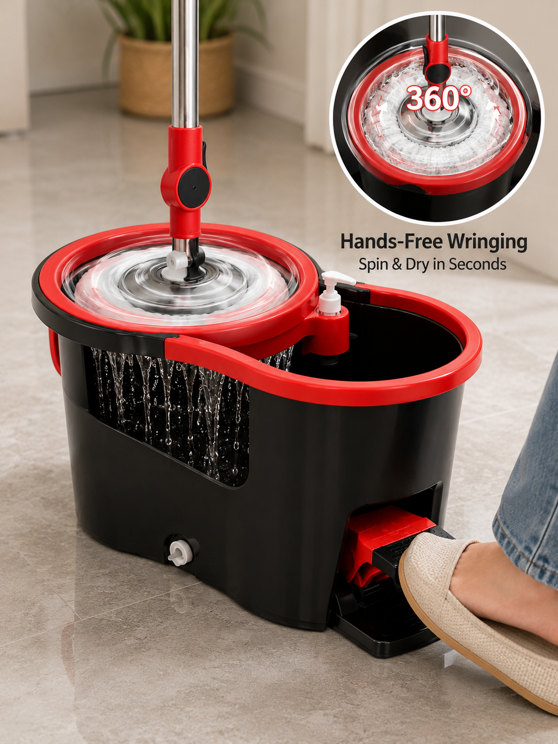 Foot Pedal Spin Mop & Bucket Set – 360° Rotating Self-Cleaning Mop with 2 Replacement Microfiber Heads | Black