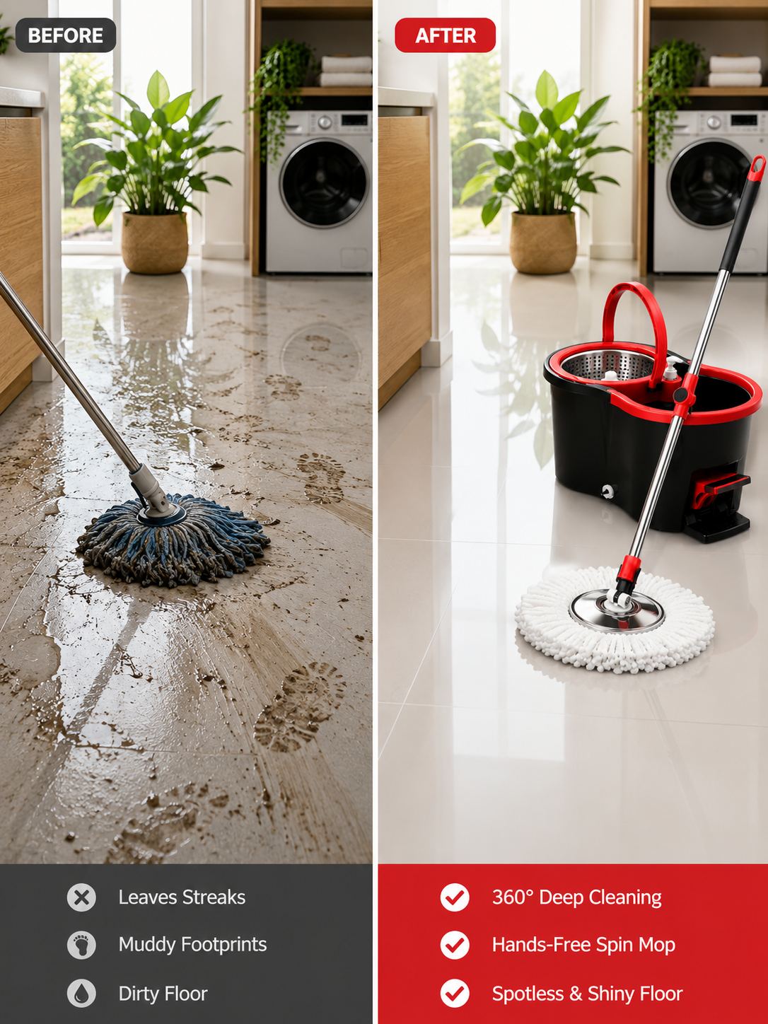 Foot Pedal Spin Mop & Bucket Set – 360° Rotating Self-Cleaning Mop with 2 Replacement Microfiber Heads | Black