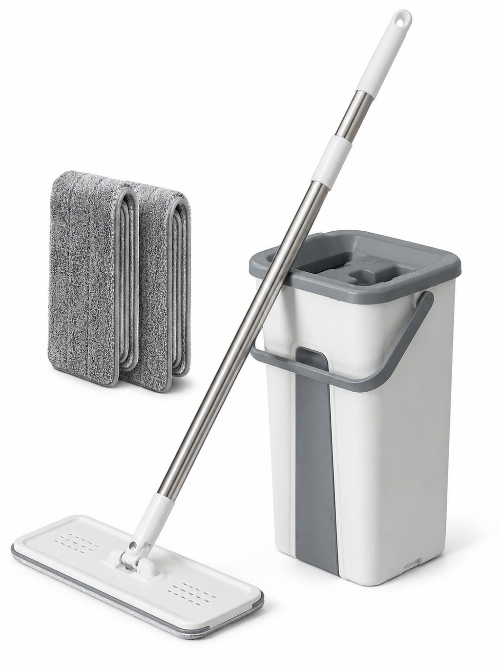 Hands-Free Spin Mop & Bucket Set with 2 Reusable and washable microfiber pads – 360° Swivel Head with Self-Wringing System & Telescopic Stainless Steel Handle