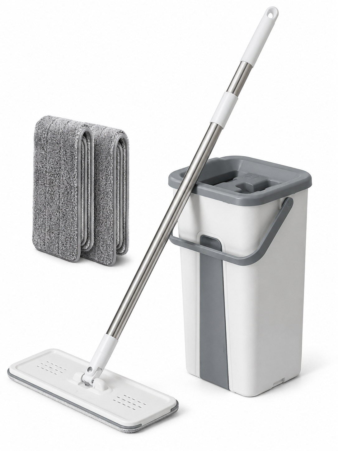 Hands-Free Spin Mop & Bucket Set with 2 microfiber pads – 360° Swivel Head with Self-Wringing System & Telescopic Stainless Steel Handle