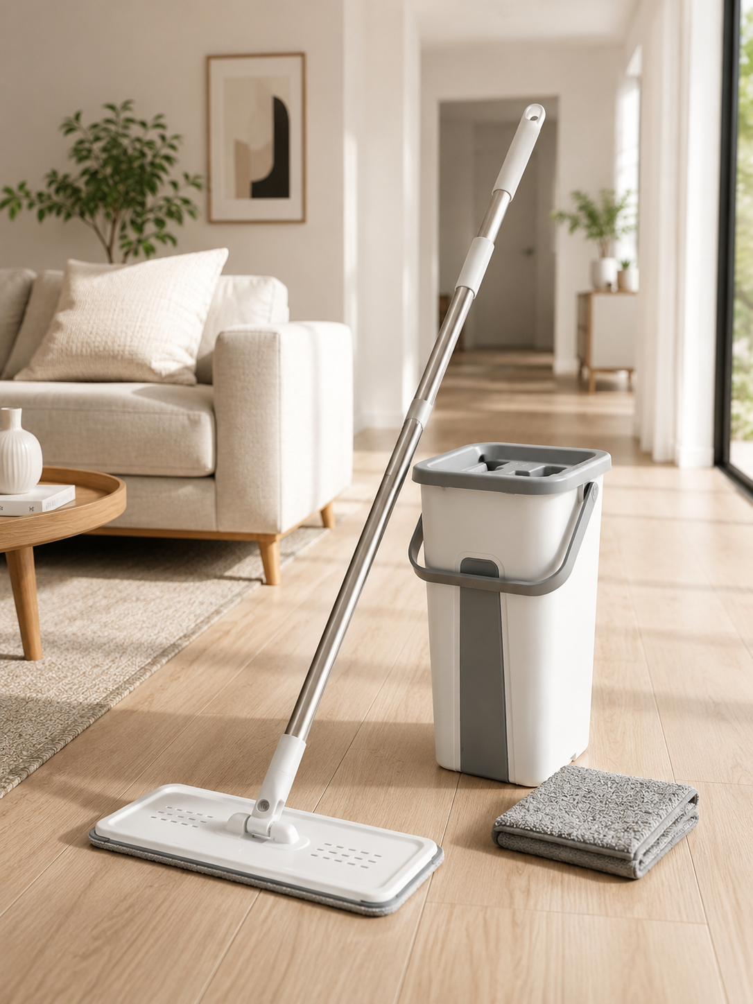 Hands-Free Spin Mop & Bucket Set with 2 Reusable and washable microfiber pads – 360° Swivel Head with Self-Wringing System & Telescopic Stainless Steel Handle