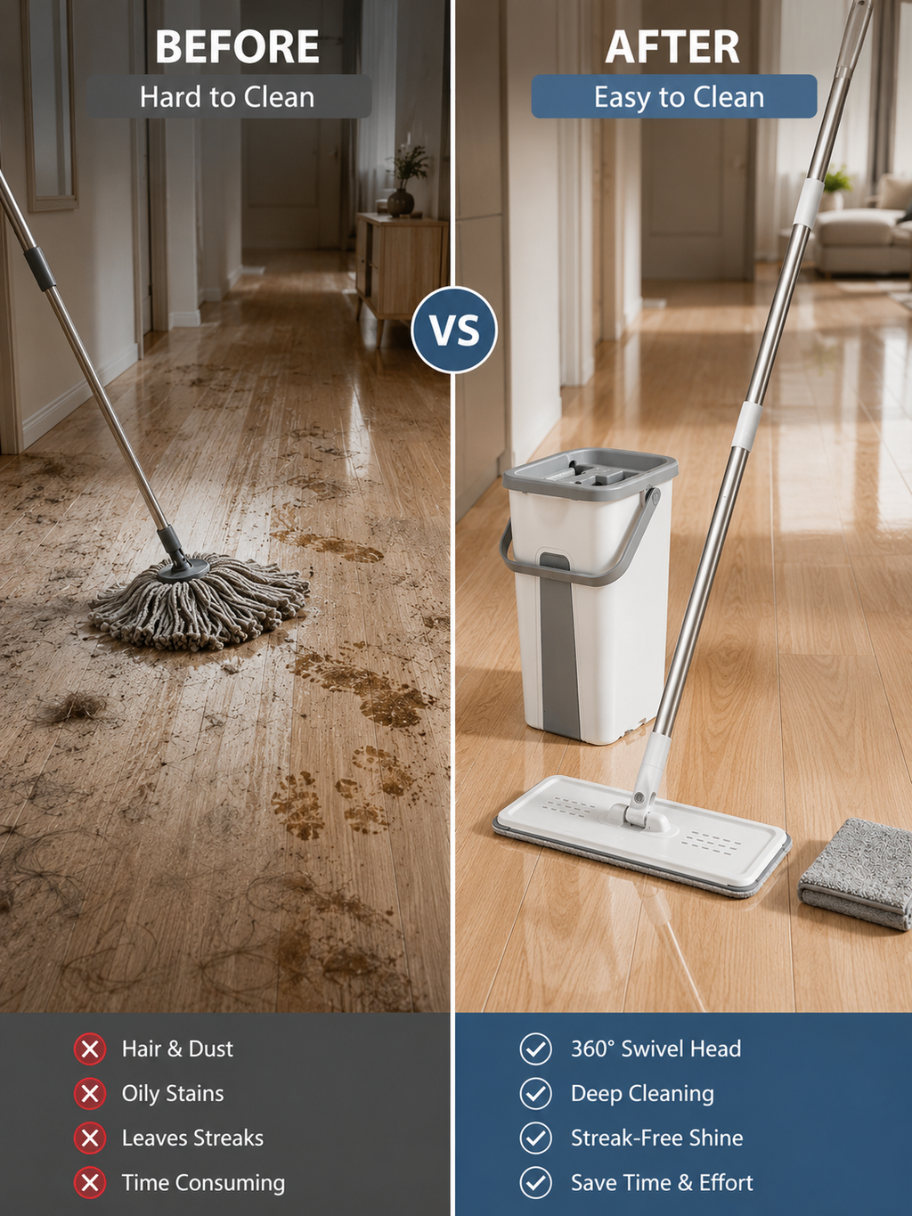 Hands-Free Spin Mop & Bucket Set with 2 Reusable and washable microfiber pads – 360° Swivel Head with Self-Wringing System & Telescopic Stainless Steel Handle