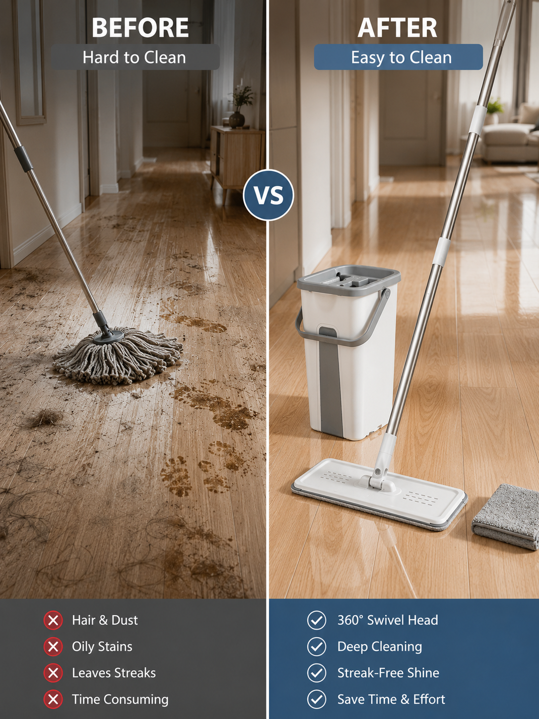 Hands-Free Spin Mop & Bucket Set with 2 microfiber pads – 360° Swivel Head with Self-Wringing System & Telescopic Stainless Steel Handle