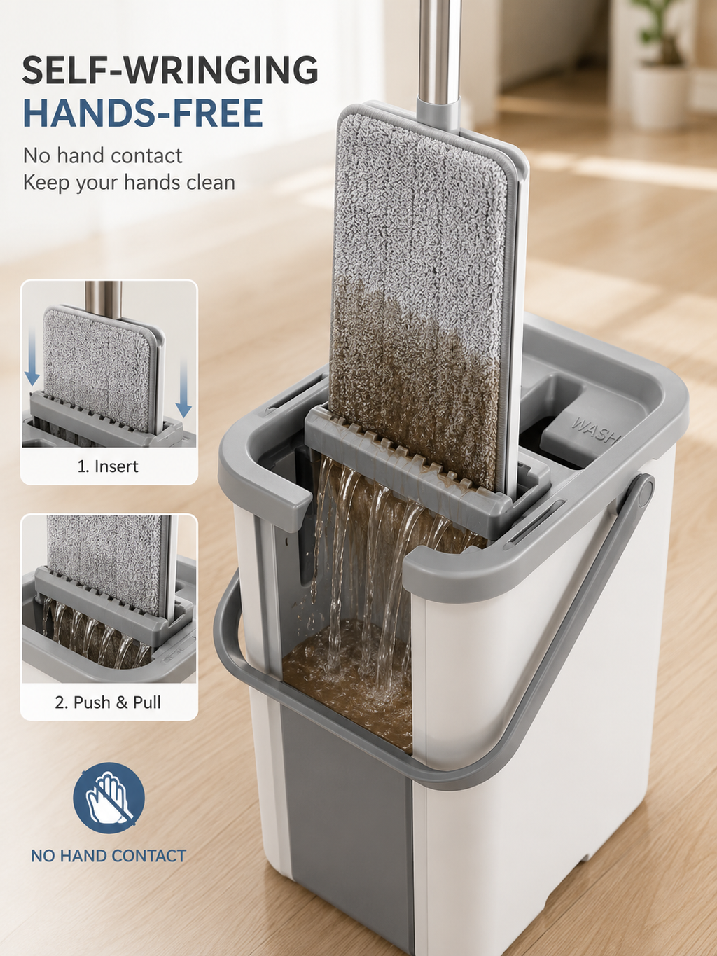 Hands-Free Spin Mop & Bucket Set with 2 Reusable and washable microfiber pads – 360° Swivel Head with Self-Wringing System & Telescopic Stainless Steel Handle