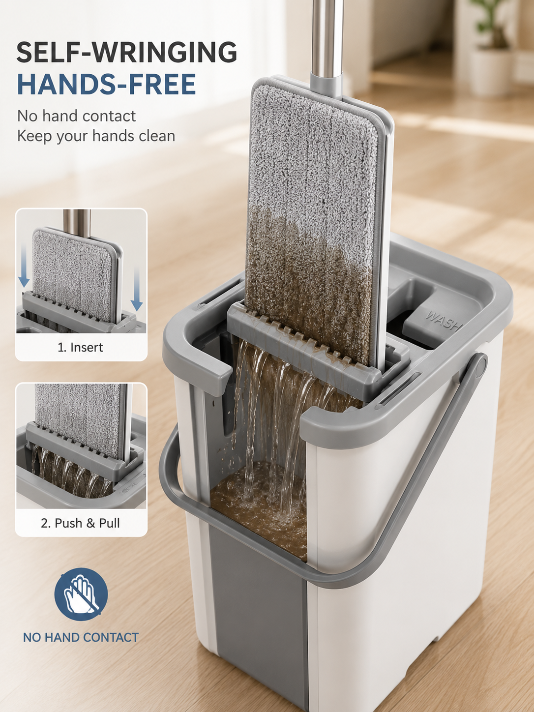 Hands-Free Spin Mop & Bucket Set with 2 microfiber pads – 360° Swivel Head with Self-Wringing System & Telescopic Stainless Steel Handle