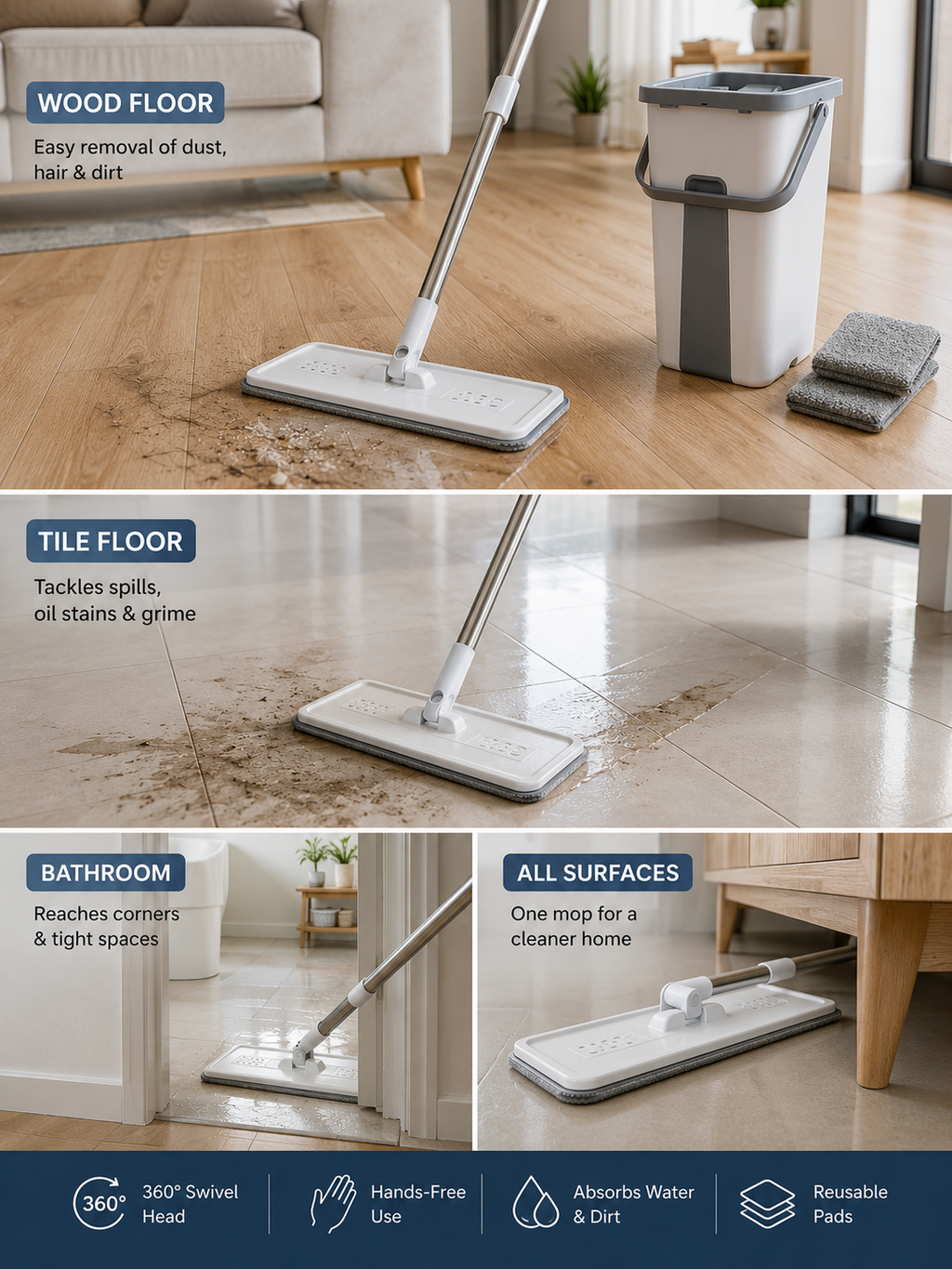 Hands-Free Spin Mop & Bucket Set with 2 Reusable and washable microfiber pads – 360° Swivel Head with Self-Wringing System & Telescopic Stainless Steel Handle