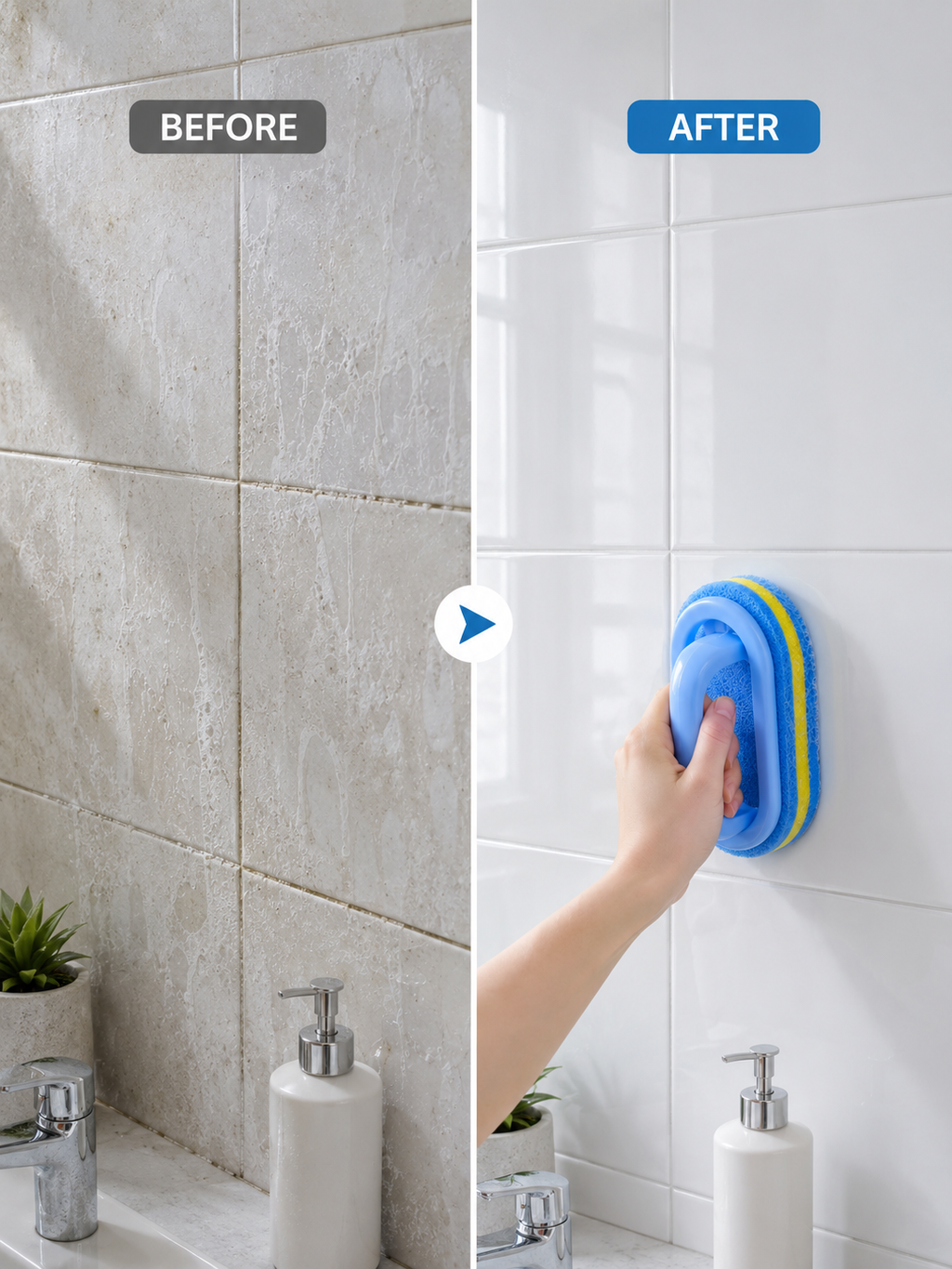 Tile Sponge Cleaning Brush – Dual-Layer Microfiber Scrubber with Built-In Handle | Hand-Safe | Kitchen & Bathroom