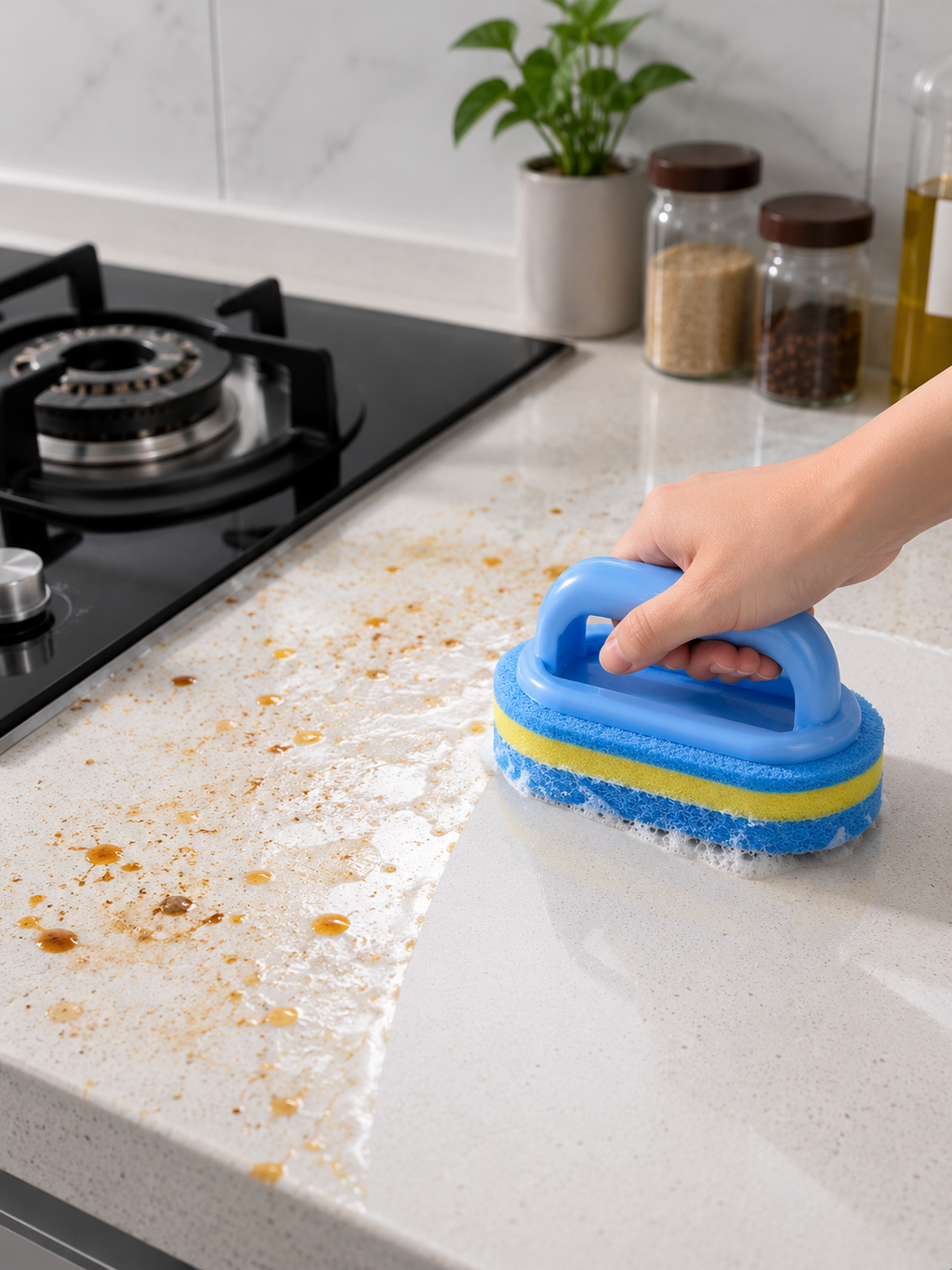 Tile Sponge Cleaning Brush – Dual-Layer Microfiber Scrubber with Built-In Handle | Hand-Safe | Kitchen & Bathroom