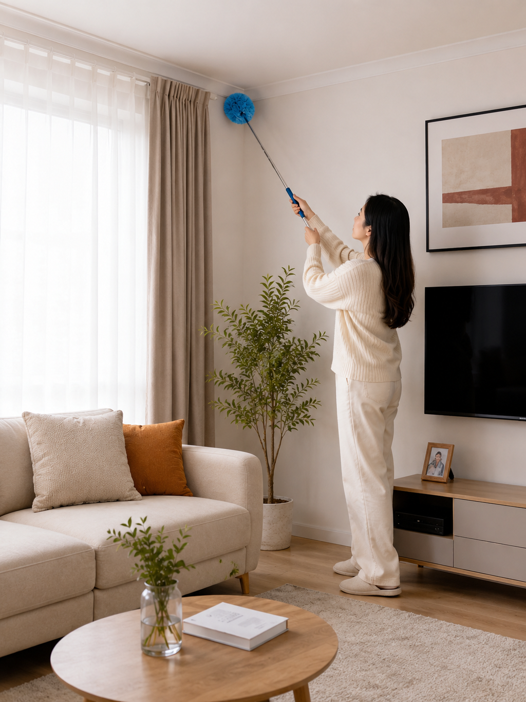 Microfiber Duster with Extension Rod – No-Ladder High-Reach Dust Brush | Removable Washable Head