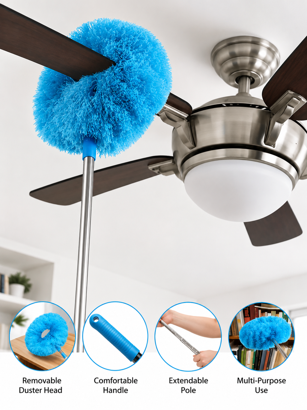 Microfiber Duster with Extension Rod – No-Ladder High-Reach Dust Brush | Removable Washable Head