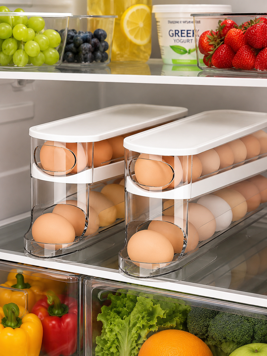 Automatic Rolling Egg Dispenser – 2-Tier Double-Layer Refrigerator Egg Organizer | Gravity-Fed | Clear/White | 1 or 2 Piece