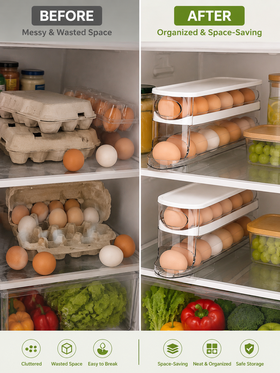 Automatic Rolling Egg Dispenser – 2-Tier Double-Layer Refrigerator Egg Organizer | Gravity-Fed | Clear/White | 1 or 2 Piece