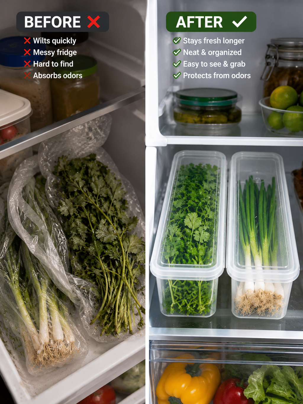 2-Pack | ClearHerb Keeper Storage Box – Airtight Refrigerator Container for Cilantro, Green Onions & Fresh Herbs | BPA-Free