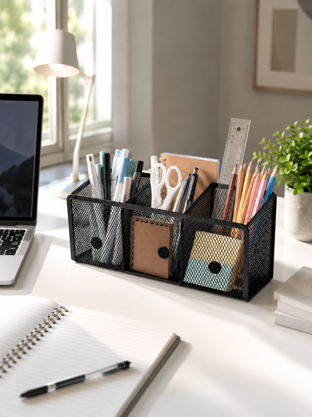 3-Grid Magnetic Metal Mesh Desk Organizer – Desktop Storage Box for Pens, Markers & Office Supplies