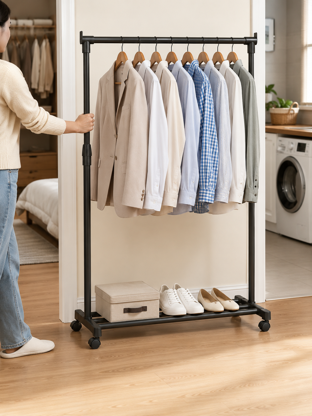 Adjustable Rolling Clothes Hanger Rack – Freestanding Garment Rack with Bottom Shelf & Wheels | Bedroom & Closet Storage