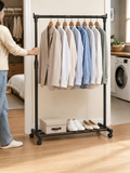 Adjustable Rolling Clothes Hanger Rack – Freestanding Garment Rack with Bottom Shelf & Wheels | Bedroom & Closet Storage