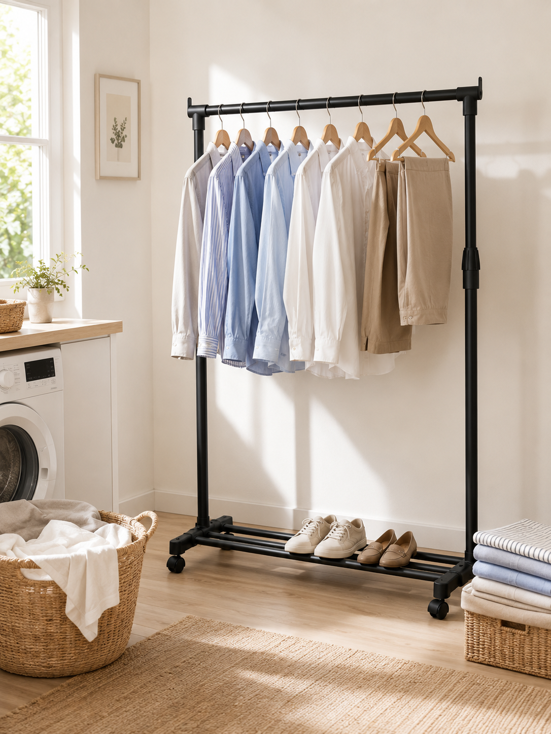 Adjustable Rolling Clothes Hanger Rack – Freestanding Garment Rack with Bottom Shelf & Wheels | Bedroom & Closet Storage