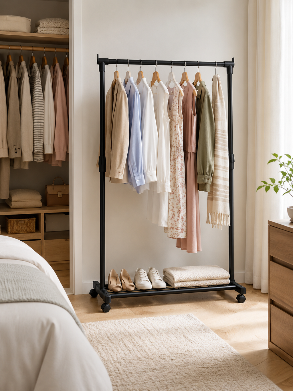 Adjustable Rolling Clothes Hanger Rack – Freestanding Garment Rack with Bottom Shelf & Wheels | Bedroom & Closet Storage