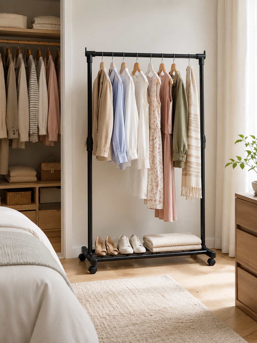 Adjustable Rolling Clothes Hanger Rack – Freestanding Garment Rack with Bottom Shelf & Wheels | Bedroom & Closet Storage
