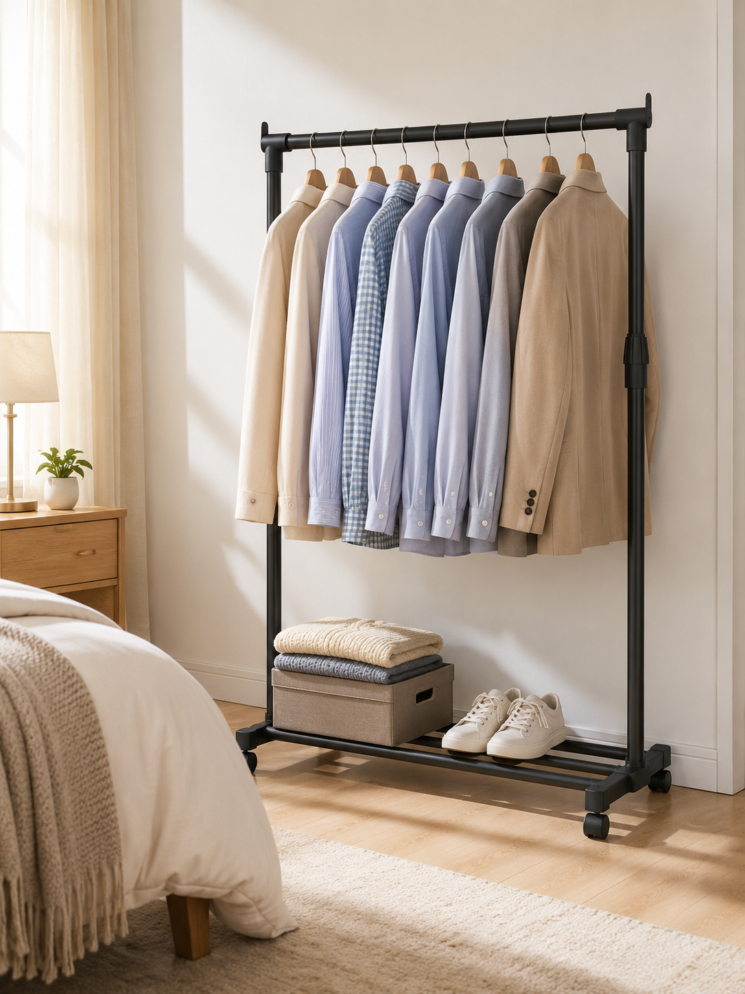 Adjustable Rolling Clothes Hanger Rack – Freestanding Garment Rack with Bottom Shelf & Wheels | Bedroom & Closet Storage