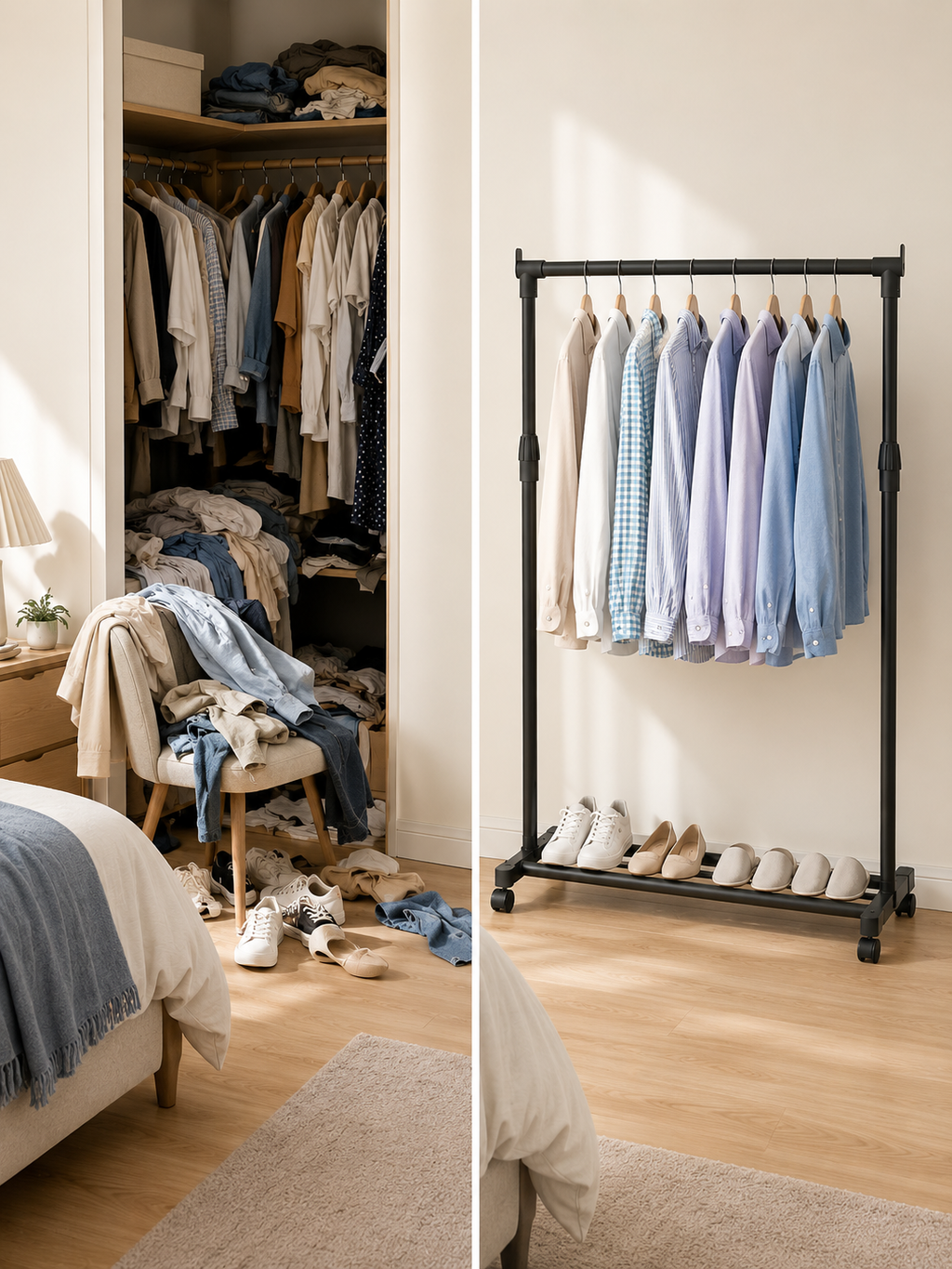 Adjustable Rolling Clothes Hanger Rack – Freestanding Garment Rack with Bottom Shelf & Wheels | Bedroom & Closet Storage