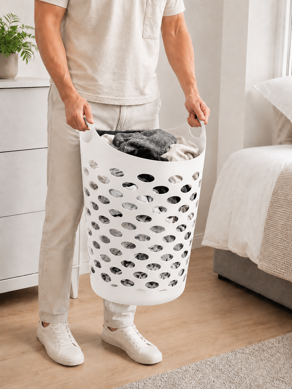 Flexible Laundry Hamper – Large Breathable Plastic Laundry Basket with Handles | White or Black