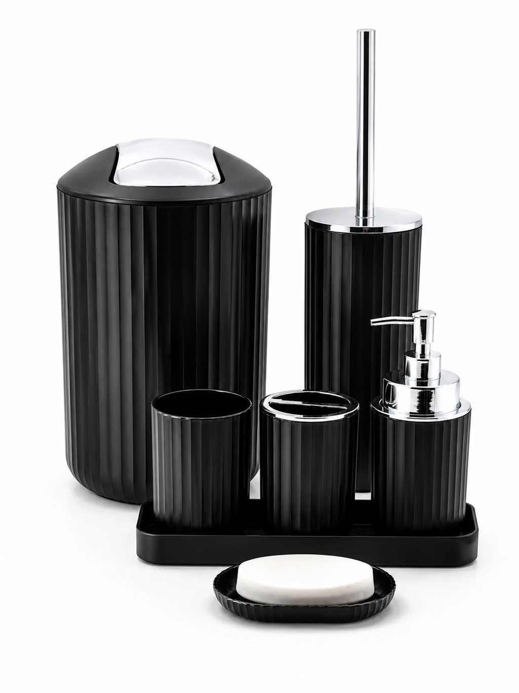 6-Piece Plastic Bathroom Accessory Set – Coordinated Bathroom Organizer with Toothbrush Holder, Soap Dish & Toilet Brush | Black
