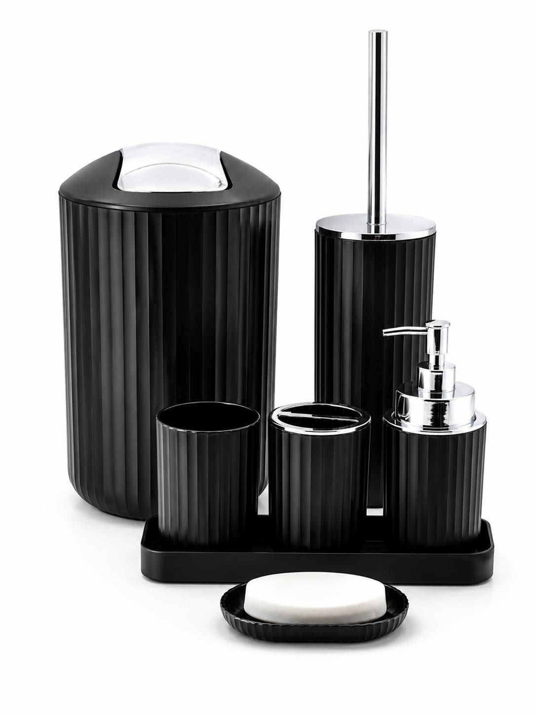6-Piece Plastic Bathroom Accessory Set – Coordinated Bathroom Organizer with Toothbrush Holder, Soap Dish & Toilet Brush | Black