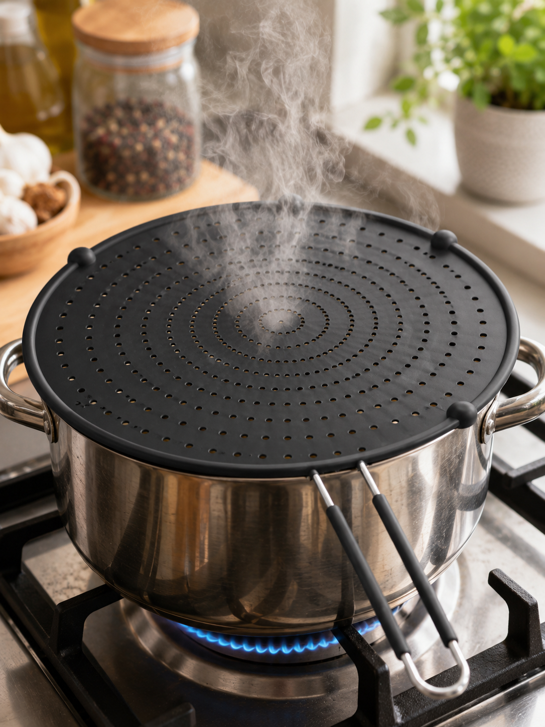 Silicone Splatter Screen with Foldable Handle – Heat-Resistant Oil Splash Guard for Frying Pans | Ventilated | Black/Grey