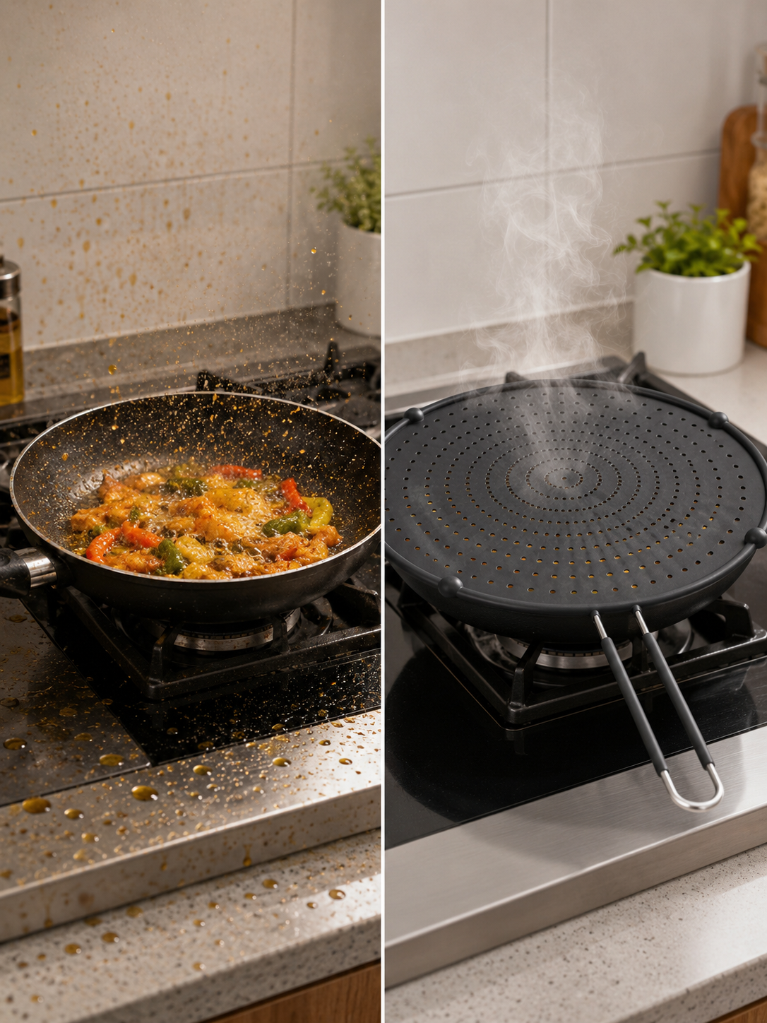 Silicone Splatter Screen with Foldable Handle – Heat-Resistant Oil Splash Guard for Frying Pans | Ventilated | Black/Grey