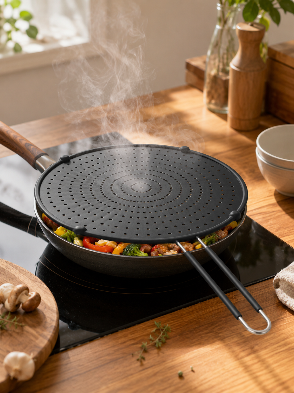 Silicone Splatter Screen with Foldable Handle – Heat-Resistant Oil Splash Guard for Frying Pans | Ventilated | Black/Grey