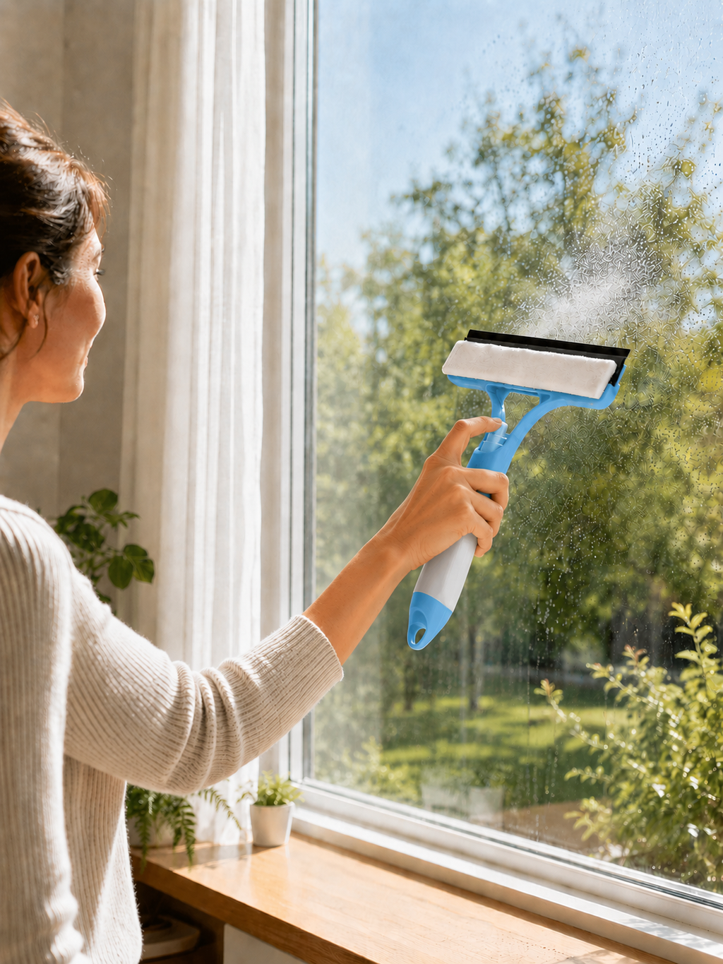 3-in-1 Window Cleaner with Spray Bottle & Squeegee – Streak-Free Glass Cleaning Tool | Microfiber Pad | Blue