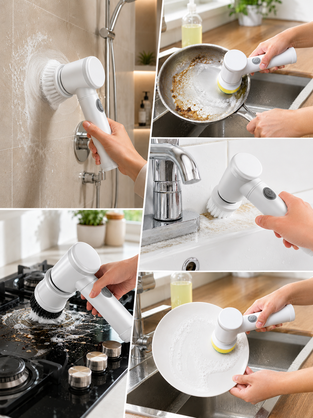 Cordless Electric Spin Scrubber –Multiple Types of Brush Heads Included  | Powerful Bathroom & Kitchen Cleaning Tool | White